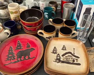 Homestudio Woodland Stoneware Bear Forest Red Brown Dinner Plates and Bowls, Moose Mugs and Plate Set