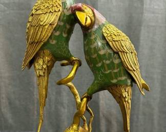 14" Qianlong Marked Copper Gilt Cloisonne Parrot Statue