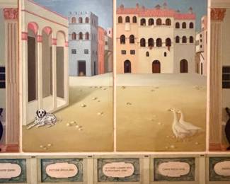 Opvs Florentinae (dated 1996) by Silvano Lonardi, featuring surreal architectural elements and Latin inscriptions