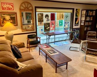 Basement meeting room with collection of 1970s anti-war posters and flyers
