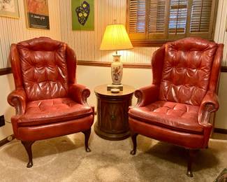 Rust leather wingback chairs