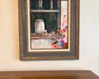 Country window sill painting with birds