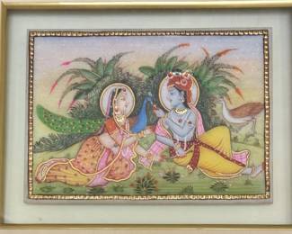 Krishna and Radha miniature on white marble