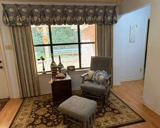 Custom Drapes, Cute table, Super Comfy Glider with Footrest