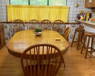 Vintage, Solid Oak, Keller Dining Set with 3 leaves and 6 Windsor Chairs; 2 hand made solid wood bar stools; Custom made drapes