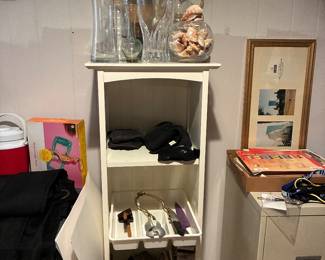 Shelf, vases, filing cabinet