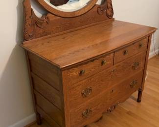 Antique Oak Dresser with Large Circular Swivel Mirror