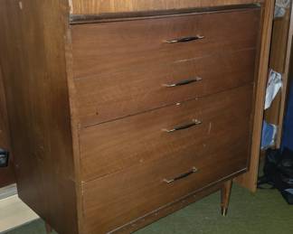 Mid-Century Walnut Brass and Leather 5 Drawer Highboy Dresser. 34" W x 18" D x 43" H, 