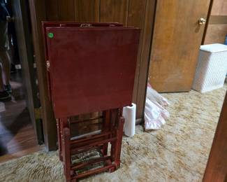 50's Mid Century TV Trays Set of 4  Mahogany Solid Wood Card Table w Stand