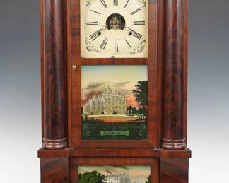 A mid 19th century Birge & Fuller Double Decker shelf clock. 8-day strap Brass time and strike movement, painted wooden dial with Roman numerals and floral detail. Mahogany case with a molded crown over an upper door with clear dial glass and reverse painted lower, flanked by turned pilasters, above a lower door with reverse painted glass flanked by scrolled pilasters on flat plinth base. Interior paper label 60% intact. Refinished with minor wear, minor dial wear, running when cataloged. 32 3/4" high. ESTIMATE $200-300