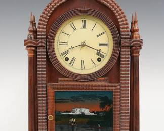 A 19th century J. C. Brown ripple front shelf clock. 8-day Brass time and strike movement with papered metal dial. Rosewood Round Gothic or "Beehive" style case with applied ripple molding, single door with circular upper glass and reverse painted lower. Paper label inside back 50% intact. Old finish with wear, flaking to lower glass, dial discoloration, running when cataloged. 18 3/4" high. ESTIMATE $300-500