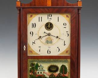 An early 19th century Seth Thomas Pillar and Scroll shelf clock with off center pendulum and inside/outside escapement, retailed by Reed & Dutton, Milford, N. H. 30-hr weight driven time and strike wooden strap movement with painted wooden dial with Arabic hour and inner quarter numerals. Mahogany case with scrolled swan neck crest and brass finials above a single door with square dial glass and reverse painted lower with gilded detail, flanked by delicate turned columns on a molded base with scrolled cutout and tall tapering feet. Paper label 60% intact. Older refinishing with good color, minor dial wear, replaced weights and Brass finials, touch-ups to lower door glass, running when cataloged. 30 1/4" high overall. ESTIMATE $2,000-3,000