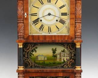 A mid 19th century Birge & Ives Triple Decker shelf clock.  8-day strap Brass time and strike movement, painted wooden dial with Roman numerals and floral detail.  Mahogany case with a carved fruit basket crown over an upper door with clear dial glass, reverse painted center lower glasses, flanked by carved pilasters and turned columns, on carved paw feet.  Interior paper label 50% intact.  Refinished with minor wear, replaced crest and painted glasses, paint restored, running when cataloged.  36 3/4" high.  ESTIMATE $200-300