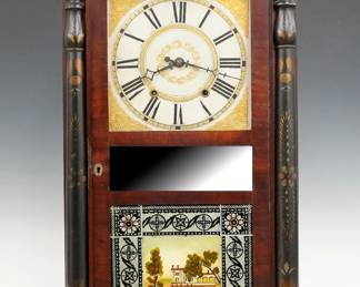 A 19th century American Column & Splat shelf clock.  30-hr wooden plate time and strike movement, painted wooden dial with Roman numerals and gilded detail.  Mahogany case with a stenciled splat over a single door with clear dial glass, mirrored center and reverse painted lower painted by Margaret Watts, flanked by stenciled pilasters on a simple plinth base.  Refinished with minor wear, minor veneer damage, re-painted door glass, running when cataloged.  32 1/4" high.  ESTIMATE $200-300