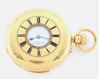 A turn of the century 18k Gold English pocket watch, retailed by the Army & Navy Cooperative Society Ltd., 105 Victoria Street, London.  Slide activated Five minute repeating movement on two gongs.  53mm, 19j, with Diamond endstone, SW, Pin Set, with porcelain SSD and Roman numerals, serial #5483, in an 18k Gold Demi Hunter case marked "E W".  162.6 grams total weight.  Slight case wear, winds, sets and running when cataloged.  ESTIMATE $2,000-3,000