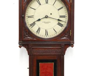 A late 19th century Howard No. 75 model wall clock.  8-day weight driven time only movement with a painted metal dial and Roman numerals marked "E. Howard & Co. Boston".   Walnut case with carved floral detail and turned finials features a square dial door with circular glass over a lower door with reverse painted glass.  Older refinishing with minor wear, dial wear, some replaced finials, lower glass with some flaking and touch-ups, running when cataloged.  34" high.  ESTIMATE $1,000-1,500