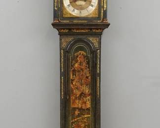 An 18th century English Chinoiserie grandfather clock by Chas. Howse, London (worked 17687-1794).  8-day weight driven time and strike movement with Brass dial and gilded cast foliate spandrels, Silvered chapter ring with Roman numerals, subsidiary Strike/Silent and seconds dials, lower date aperture.  Oak case with original hand painted Chinoiserie decoration on a Blue/Green body features a shaped hood with Brass finials over an arched dial door with turned pilasters, arched waist door and simple molded base.  Wear and some paint touch-ups, some old repairs including the base molding, movement quite dirty, runs momentarily when cataloged.  94" high.  ESTIMATE $1,000-2,000