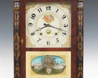 An early 19th century Chauncey Ives Column & Splat shelf clock. 30-hr wooden plate time and strike movement, painted wooden dial with Arabic numerals and floral detail with gilded scrolls. Mahogany case with a stenciled splat over a single door with clear dial glass and reverse painted lower, flanked by stenciled pilasters all supported by carved paw feet. Interior paper label 30% intact. Older finish with minor wear, replaced crest tops, restored lower glass, running when cataloged. 28 3/4" high. ESTIMATE $200-300