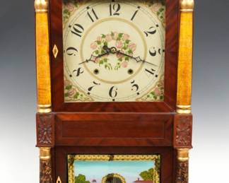 An early 19th century Jeromes & Darrow Double Decker shelf clock. 30-hr wooden plate time and strike movement, painted wooden dial with Arabic numerals and floral detail. Mahogany case with a flat molded crown over an arched panel frieze and a square dial door flanked by painted pilasters with gilded detail and a single door with reverse painted panel flanked by painted pilasters with gilded detail all supported by carved paw feet. Interior paper label 80% intact. Refinished with minor wear, restored lower door glass, running when cataloged. 32 1/2" high. ESTIMATE $400-600