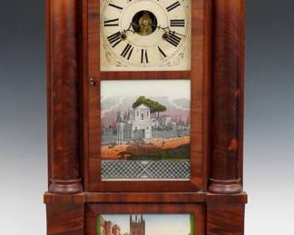 A mid 19th century Birge, Peck & Co. Double Decker shelf clock. 8-day strap Brass time and strike movement, painted wooden dial with Roman numerals and floral detail. Mahogany case with a molded crown over an upper door with clear dial glass and reverse painted "View In Rome Italy" lower, flanked by turned pilasters, above a lower door with reverse painted glass flanked by scrolled pilasters on flat plinth base. Interior paper with Locomotive label 60% intact. Refinished with minor wear, some dial wear, restored glasses, running when cataloged. 32 3/4" high. ESTIMATE $200-300