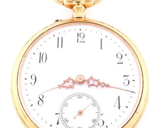 A turn of the century 14k Gold Swiss pocket watch.  46mm, 15j, SW, Pin Set, bridge movement, Fancy 14k Gold OF, porcelain SSD with Arabic numerals and fancy Gold hands.  75.4 grams total weight.  Slight case wear, winds, sets and running when cataloged.  ESTIMATE $1,500-2,500