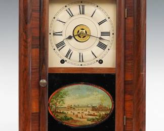 A late 19th century Seth Thomas Mini OG shelf clock.  8-day spring driven time, strike and alarm movement with painted metal dial and Roman numerals.  Rosewood case with a single door, clear dial glass and reverse painted lower inside the molded frame.  Interior paper label 80% intact.  Refinished with slight wear, dial wear, running when cataloged.  16 1/2" high.  ESTIMATE $100-150
