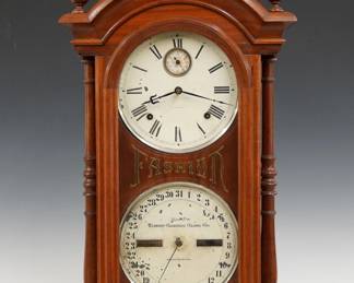 A late 19th century Seth Thomas Fashion No. 5 model calendar parlor clock. 8-day time and strike Seth Thomas movement with lower calendar mechanism, painted metal dials with Roman/Arabic numerals, damascened pendulum. Walnut case with arched molded cornice and turned finials above a single arched door with reverse painted "Fashion" glass, flanked by turned columns on a molded base. Older refinishing with minor wear, small veneer flakes on inner bezel, dial distortion and some flaking, worn dark roller covers, replaced seconds paper, running when cataloged. 31 3/4" high overall. ESTIMATE $600-800