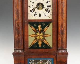 A mid 19th century Birge & Fuller Double Decker shelf clock. 8-day strap Brass time and strike movement, painted wooden dial with Roman numerals and floral detail. Mahogany case with a molded crown over an upper door with clear dial glass and reverse painted lower, flanked by turned pilasters, above a lower door with reverse painted glass flanked by scrolled pilasters on flat plinth base. Interior paper label 60% intact. Refinished with minor wear, minor dial wear, running when cataloged. 32 3/4" high. ESTIMATE $200-300