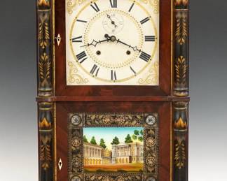 A 19th century Eli Terry & Sons Double Door shelf clock. 8-day wooden plate time and strike movement, painted wooden dial with Roman numerals, subsidiary seconds and gilded detail. Mahogany case with a carved Eagle crest over an upper dial door with clear glass flanked by stenciled pilasters and lower door with reverse painted glass flanked by stenciled pilasters, all supported by carved paw feet. Partial interior facsimile paper label. Refinished with minor wear, restored crest and lower glass, running when cataloged. 30 1/2" high. ESTIMATE $200-300