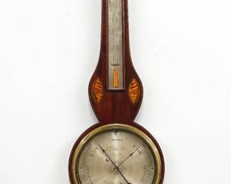 A 19th century English Banjo barometer.  Silvered thermometer and circular lower dial marked "F. Pastorelli, No. 4 Cross Strt, Hatton Garden" with Brass bezel.  Mahogany case with shaped body, inlaid decoration and stringing molded pediment and Brass finial.  Refinished with minor wear, restored pediment, not functioning, Mercury removed.  