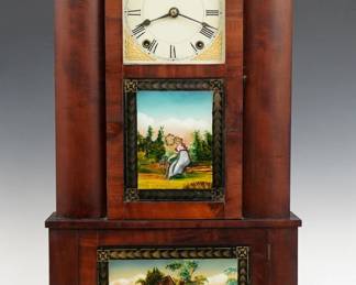 An early 19th century Austin Chittenden hollow column shelf clock.  30-hr wooden plate time and strike movement, painted wooden dial with Roman numerals and floral corners.  Mahogany double decker case with a molded cornice above a square dial door and central reverse painted glass flanked by rounded pilasters over a single door with reverse painted glass on a simple plinth base.  Nicely refinished with minor wear, restored painted door glasses, running when cataloged.  30 1/2" high.  ESTIMATE $400-600