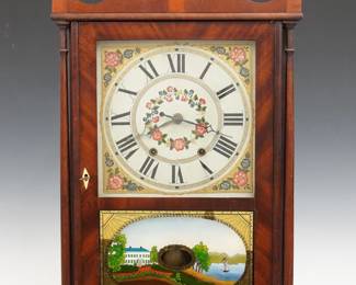 An early 19th century Hopkins & Alfred Pillar and Scroll shelf clock. 30-hr weight driven time and strike wooden plate movement with painted wooden dial and Roman numerals. Mahogany case with scrolled swan neck crest and Brass finials above a single door with square dial glass and reverse painted lower with gilded detail, flanked by delicate turned columns on a molded base with scrolled cutout and tall tapering feet. Paper label 80% intact. Old finish with some wear, minor dial wear, restored crest, replaced finials, running momentarily when cataloged. 31 1/2" high overall. ESTIMATE $300-400