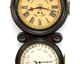 A 19th century Ingraham Ionic model Calendar wall clock.  8-day time only movement with day indicator and lower "B B Lewis" calendar mechanism indicating date and month, papered metal dials with Roman/Arabic numerals.  Rosewood grained figure "8" case with molded circular dial doors.  Older finish with some wear, replaced upper dial paper, running when cataloged.  29 3/4" high.  ESTIMATE $200-300