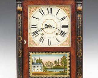 An early 19th century Riley Whiting Column & Splat shelf clock. 30-hr wooden plate time and strike movement, painted wooden dial with Roman numerals and floral detail. Mahogany case with a stenciled splat over a single door with clear dial glass and reverse painted lower by Tom Moberg, flanked by stenciled pilasters all supported by carved paw feet. Interior paper label 80% intact. Older finish with minor wear, running when cataloged. 29" high. ESTIMATE $400-600