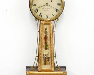 A mid 19th century Boston Banjo clock. 8-day weight driven time only movement with painted Iron dial with Roman numerals marked "A. Willard, Boston". Mahogany case with gilded finish features a turned finial over a molded Brass dial door, tapered throat panel with reverse painted glass flanked by scrolled Brass side arms over a lower door with a reverse painted Naval Battle scene. Restored gilding with minor wear, dial wear, replaced finial and weight, touch-ups to lower glass, running when cataloged. 30" high overall. ESTIMATE $800-1,200