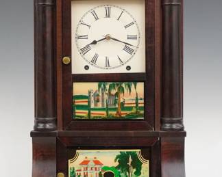 A late 19th century Brewster & Ingraham Mini Double Decker shelf clock.  8-day spring driven time and strike movement with painted metal dial and Roman numerals.  Mahogany case with molded cornice over an upper door with clear dial glass and reverse painted lower flanked by turned pilasters over lower door with reverse painted glass flanked by scrolled pilasters on a simple plinth base.  Paper label 80% intact.  Refinished with slight wear, re-painted dial and glasses, running when cataloged.  20 1/2" high.  ESTIMATE $200-300