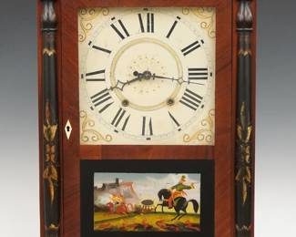 An early 19th century Riley Whiting Column & Splat shelf clock. 30-hr wooden plate time and strike movement, painted wooden dial with Roman numerals and scrollwork detail. Mahogany case with a stenciled splat over a single door with clear dial glass and reverse painted lower, flanked by stenciled pilasters all supported by carved paw feet. Interior paper label 60% intact. Refinished with minor wear, crack in dial glass, restored lower door glass, running when cataloged. 29" high. ESTIMATE $200-300