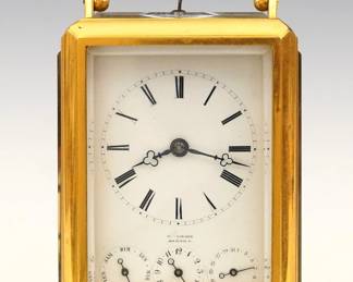 A late 19th century French Carriage clock, backplate marked Weizinger, Rue du Bac 8. 8-day time and strike movement with platform escapement, bell strike and repeat on demand button, Porcelain dial with Roman numerals, subsidiary day, alarm and date dials. Gilded Brass case with upper swing handle, molded design, beveled glass front and sides, on a molded base. Minor wear, running when cataloged. 5 3/4" high overall. ESTIMATE $800-1,200