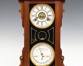 A late 19th century Waterbury No. 44 Model shelf clock.  8-day time and strike movement with lower calendar mechanism and apertures indicating day and month, painted metal dials with Roman/Arabic numerals.  Walnut case with carved detail features a shaped crest above a single door with reeded frames and reverse painted glass on a molded base.  Paper labels verso 30% intact.  Refinished with slight wear, dials re-papered, running when cataloged.  23 3/4" high.  ESTIMATE $200-300