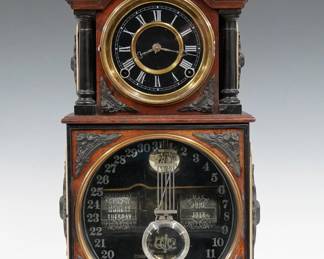 A late 19th century Ithaca No. 3 1/2 Model Calendar shelf clock. Early model 8-day time and strike movement and lower calendar mechanism with apertures indicating day and month, papered metal dial with Roman/Arabic numerals, Nickeled compensating pendulum with glass insert marked "ICC Co". Walnut case with applied carving and Ebonized detail with Gold painted highlights features a carved pediment crest over an upper door with molded bezel and square wood lower door on a molded plinth base, 2-part backboard. Older finish with some wear, re-papered upper dial, touchups to painted details, running when cataloged. 20 1/4" high. ESTIMATE $1,000-2,000