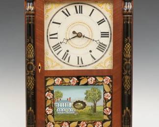 An early 19th century Hopkins & Alfred Column & Splat shelf clock. 30-hr wooden plate time and strike movement, painted wooden dial with Roman numerals and gilded detail. Mahogany case with a stenciled splat over a single door with clear dial glass and reverse painted lower by W. L. Gable, flanked by stenciled pilasters all supported by carved paw feet. Interior paper label 80% intact. Older finish with minor wear, restored crest and feet, running when cataloged. 28 3/4" high. ESTIMATE $200-300