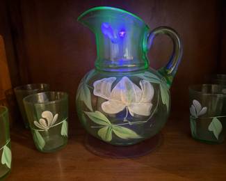 Vaseline/Uranium glass water pitcher w glasses 