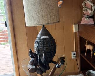 Ironwood birds, glass table, Brrutalist MCM Ceramic lamp