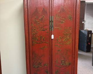 Antique Chinese red lacquer and gold guilt landscape wedding cabinet