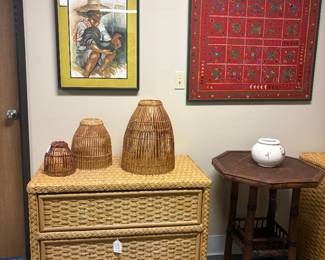 Heavy Braided Rattan with 3 drawers, 3 Rattan lamp shades, dark rattan table.