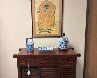 Portrait of Admiral Ye Son Sin-legendary Korean naval commander.  Wood block print ink and mineral based pigments size 36x24". As found. 3 pieces of blue and White ceramics, lamp, small well and oval dish.  Merchants chest on wood wheels.  Excellent condition