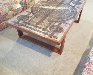 Vintage Brutalist mid-century Danish modern teak coffee table with ceramic top crafted by Ox-Art for Trioh