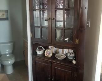 Lovely wood corner cabinet; extensive amount of china & glass ware