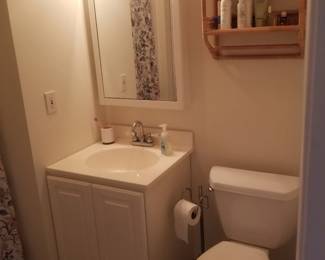 Bath vanity; toilet; wicker shelf; mirrored medicine cabinet; vanity lights