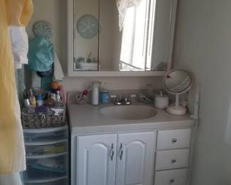 Bath vanity; mirrored medicine cabinet; plastic storage tower